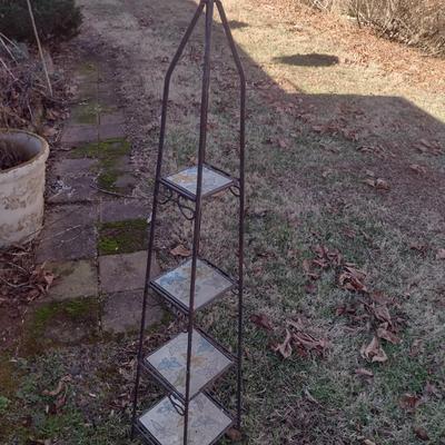 Wrought Metal Frame Plant Stand with Ceramic Tile Shelving