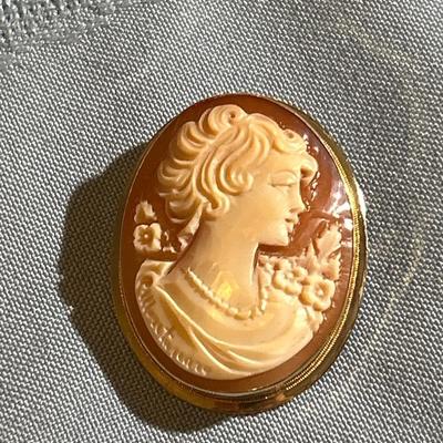 14K Gold Encased Shell Cameo Pendant Brooch~Signed~Woman & Flowers