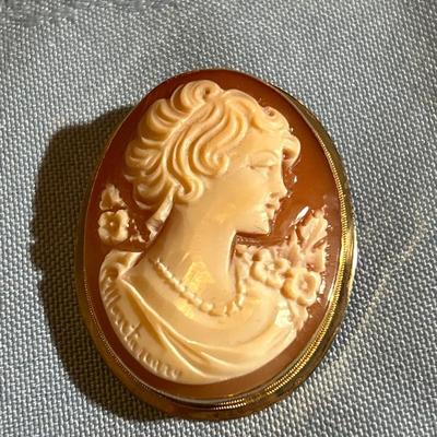 14K Gold Encased Shell Cameo Pendant Brooch~Signed~Woman & Flowers