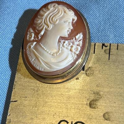 14K Gold Encased Shell Cameo Pendant Brooch~Signed~Woman & Flowers