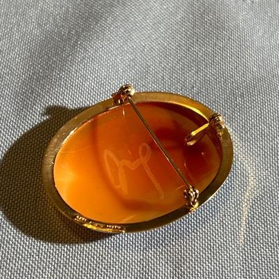 14K Gold Encased Shell Cameo Pendant Brooch~Signed~Woman & Flowers