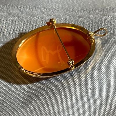 14K Gold Encased Shell Cameo Pendant Brooch~Signed~Woman & Flowers