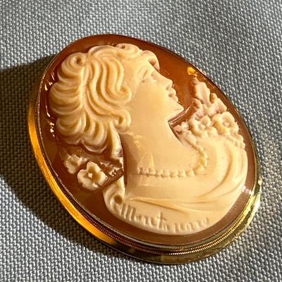 14K Gold Encased Shell Cameo Pendant Brooch~Signed~Woman & Flowers