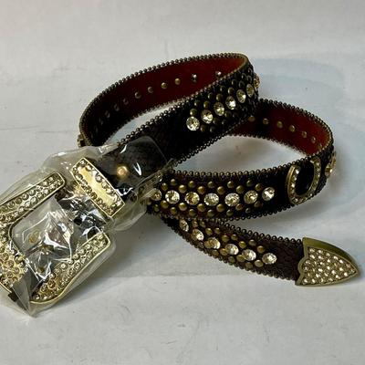 Women's Cowgirl Bling Belt Leather and Rhinestone with Golden Horseshoes