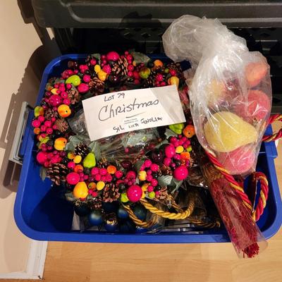 Large Tote of Christmas Decorations Wreaths ornaments Rope see pics