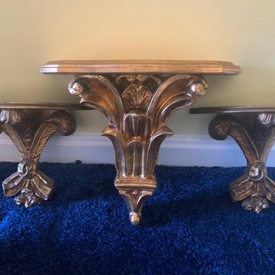 THREE Vintage Wood Wall Gold Gilt Sconces