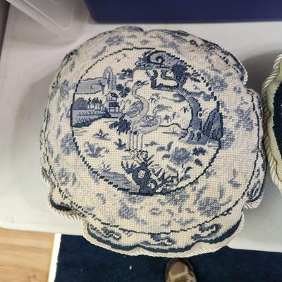 2 Round Blue & White Needlepoint Pillows Chinoiserie Motif 11-12"