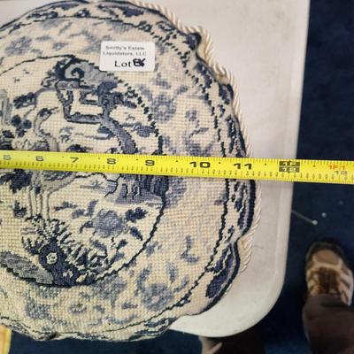 2 Round Blue & White Needlepoint Pillows Chinoiserie Motif 11-12"