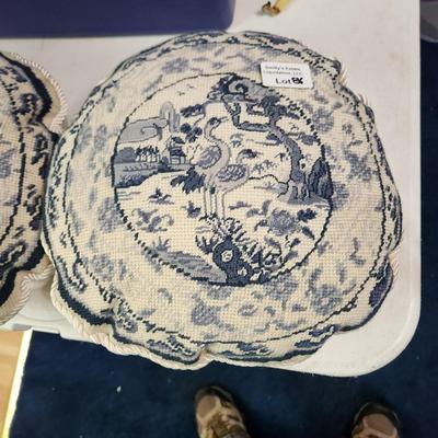 2 Round Blue & White Needlepoint Pillows Chinoiserie Motif 11-12"