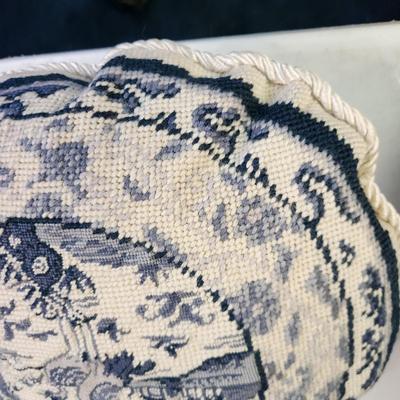 2 Round Blue & White Needlepoint Pillows Chinoiserie Motif 11-12"