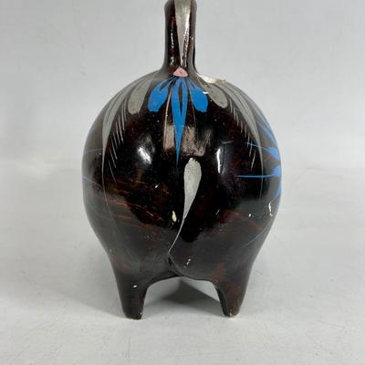 Vintage Mexican Pottery Pig Piggy Bank Hard Plaster Painted Blue Flowers