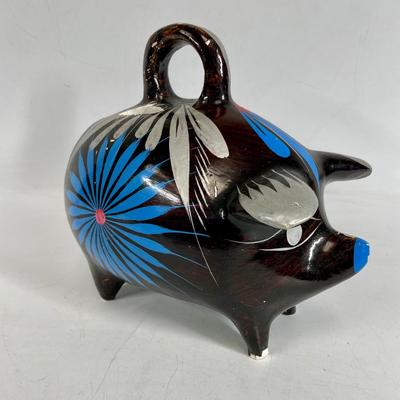 Vintage Mexican Pottery Pig Piggy Bank Hard Plaster Painted Blue Flowers