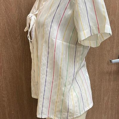 Homemade Handsewn Vertical Stripe Blouse with tie, approx size 8