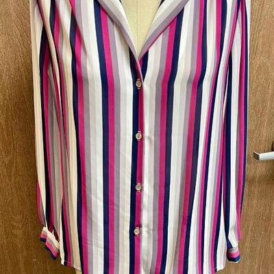Teddi Vintage Tailored Blouse Vertical Stripes, pink black gray white - size 12