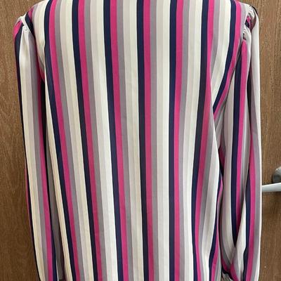 Teddi Vintage Tailored Blouse Vertical Stripes, pink black gray white - size 12