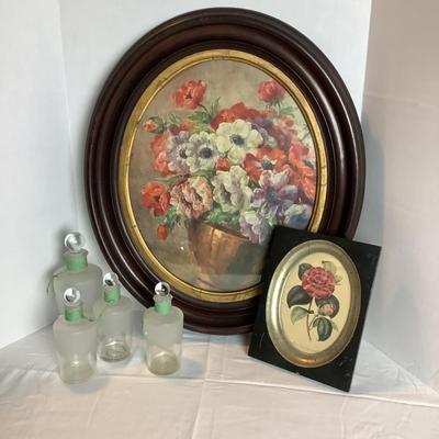 355 Vintage Ladies Lily of the Valley Perfume Bottle Vanity Set with Floral Wall Decor