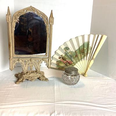 357 Victorian Ladies Cast Iron Vanity Mirror with Satin Fan and Glass Jar