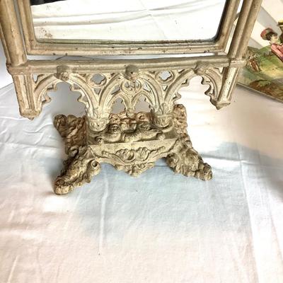 357 Victorian Ladies Cast Iron Vanity Mirror with Satin Fan and Glass Jar