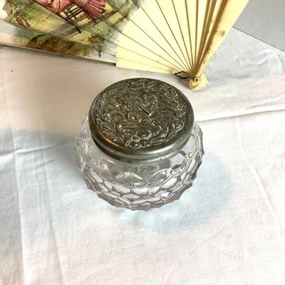 357 Victorian Ladies Cast Iron Vanity Mirror with Satin Fan and Glass Jar