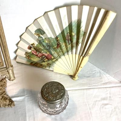 357 Victorian Ladies Cast Iron Vanity Mirror with Satin Fan and Glass Jar