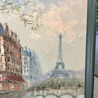 Original Paris Eifel Tower Scene Oil on Canvas by Noted J. Bardot Size 21" x 25" Preowned from an Estate.