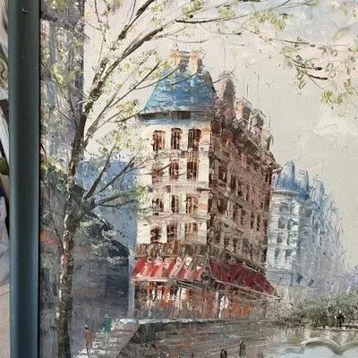 Original Paris Eifel Tower Scene Oil on Canvas by Noted J. Bardot Size 21" x 25" Preowned from an Estate.