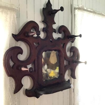 359 Vintage Victorian Walnut Mirrored Wall Hat Rack