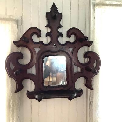 359 Vintage Victorian Walnut Mirrored Wall Hat Rack