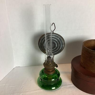 363 Antique Kosmos Brenner Emerald Green Glass Oil Lamps and Two Shaker Boxes with Original Paint