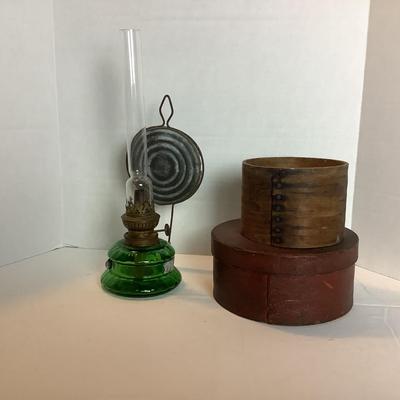 363 Antique Kosmos Brenner Emerald Green Glass Oil Lamps and Two Shaker Boxes with Original Paint