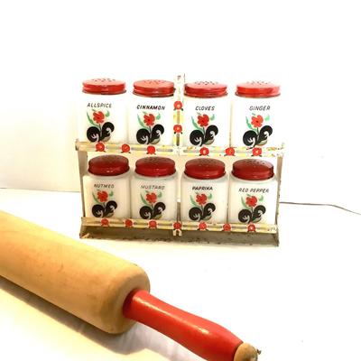 374 Vintage Mckee Tipp USA Milk Glass Spice Jars on Original Rock with Rolling Pin
