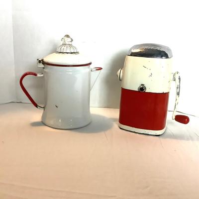375 Vintage Kitchen Ice-O-Mat, and Enamel Coffee Pot