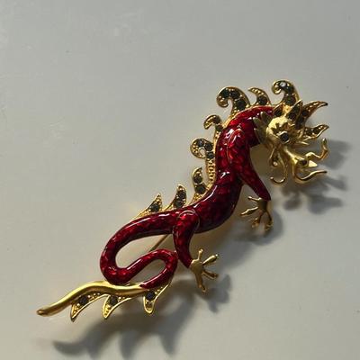 Vintage Bob Mackie Rhinestone and Enamel Flaming Dragon Brooch Pin