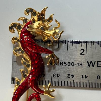 Vintage Bob Mackie Rhinestone and Enamel Flaming Dragon Brooch Pin