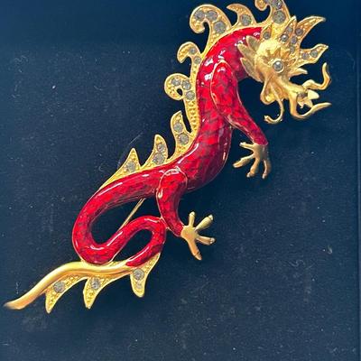 Vintage Bob Mackie Rhinestone and Enamel Flaming Dragon Brooch Pin