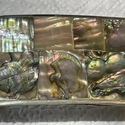 Vintage Mexican Abalone Shell Inlay Belt Buckle Rectangle Silver-toned Shaped in Good Preowned Condition.