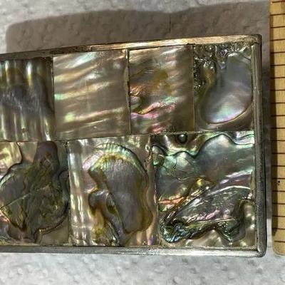 Vintage Mexican Abalone Shell Inlay Belt Buckle Rectangle Silver-toned Shaped in Good Preowned Condition.