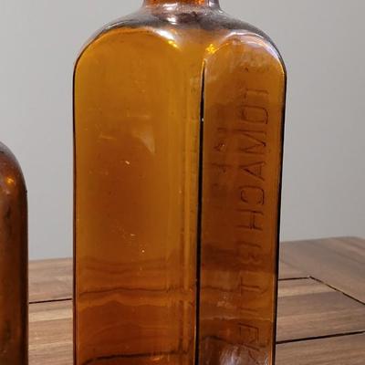 (2) Brown Antique Bottles - Liquor Flask & Bitters Bottles