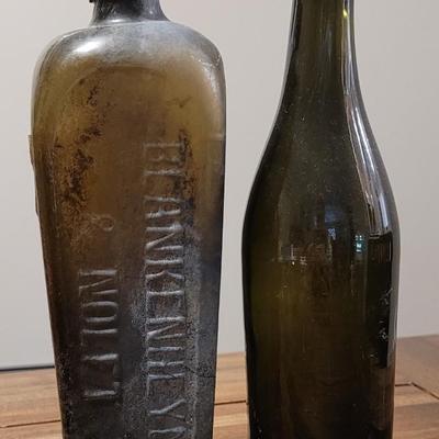 (2) Antique Green Bottles - Soda or Beer Bottle & Elixer Bottle