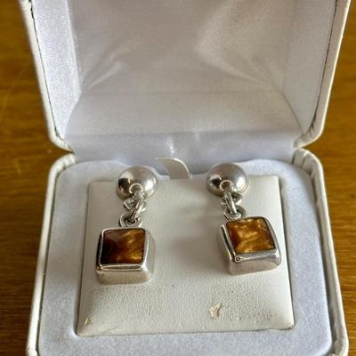 Square Tiger Eye Silver Earrings