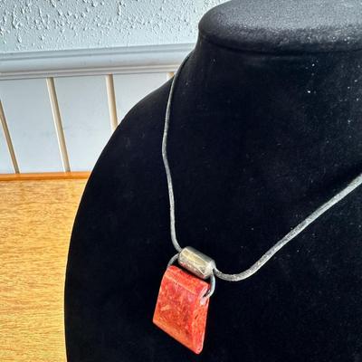 Silpada 925 India Square Sponge Coral Pendant Black Leather Cord 15" Necklace