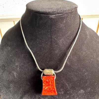 Silpada 925 India Square Sponge Coral Pendant Black Leather Cord 15" Necklace