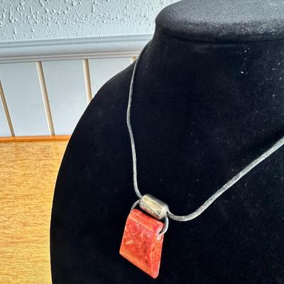 Silpada 925 India Square Sponge Coral Pendant Black Leather Cord 15" Necklace