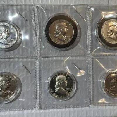 (6) PROOF 90% SILVER FRANKLIN HALF DOLLARS IN COIN CAPSULES & 2.5" x 2.5" FLIPS AS PICTURED.