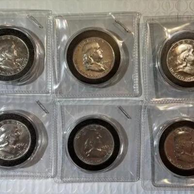 (6) PROOF 90% SILVER FRANKLIN HALF DOLLARS IN COIN CAPSULES & 2.5" x 2.5" FLIPS AS PICTURED.