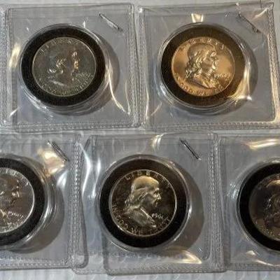 (5) PROOF 90% SILVER FRANKLIN HALF DOLLARS IN COIN CAPSULES & 2.5" x 2.5" FLIPS AS PICTURED.