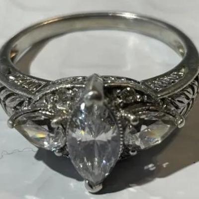 Vintage Sterling Silver Filigreed CZ Ring Size-9 Marquise & Pear-Shaped Stones in Good Preowned Condition.