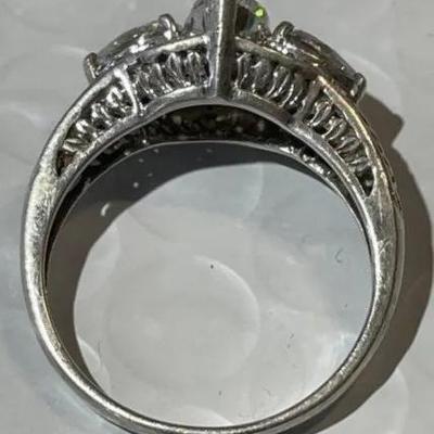 Vintage Sterling Silver Filigreed CZ Ring Size-9 Marquise & Pear-Shaped Stones in Good Preowned Condition.