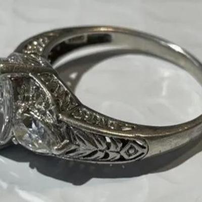 Vintage Sterling Silver Filigreed CZ Ring Size-9 Marquise & Pear-Shaped Stones in Good Preowned Condition.