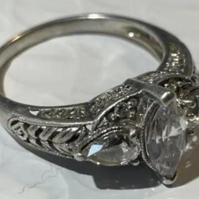 Vintage Sterling Silver Filigreed CZ Ring Size-9 Marquise & Pear-Shaped Stones in Good Preowned Condition.